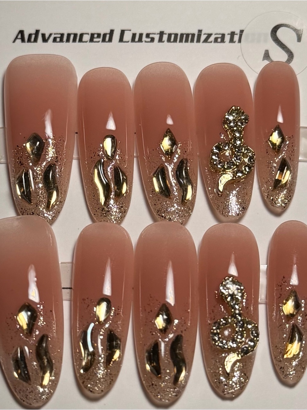 Nude Pink Press-On Nails with Gold Embellishments - Luxury Women Makeup Set